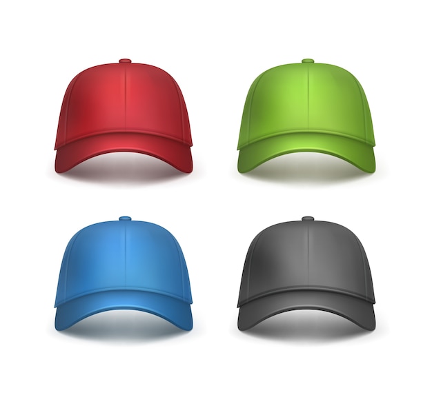 Vector conjunto de gorras de béisbol rojas, negras, verdes, azules realistas vista frontal aislada sobre fondo blanco