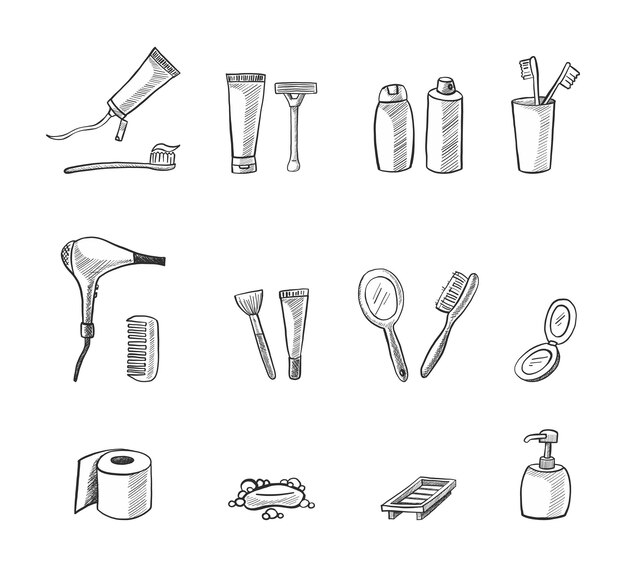 Vector conjunto de iconos Elementos de baño Cepillo de dientes Champú Cepillo de pelo Papel higiénico