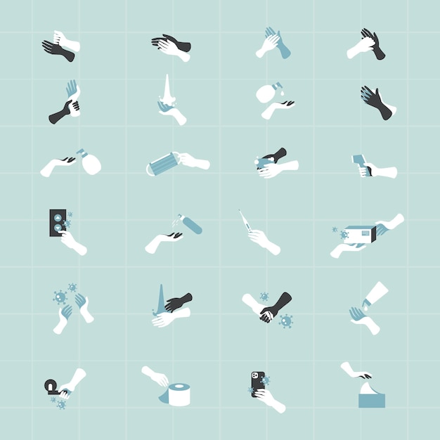 Vector de conjunto de iconos de mano de prevención y protección de coronavirus