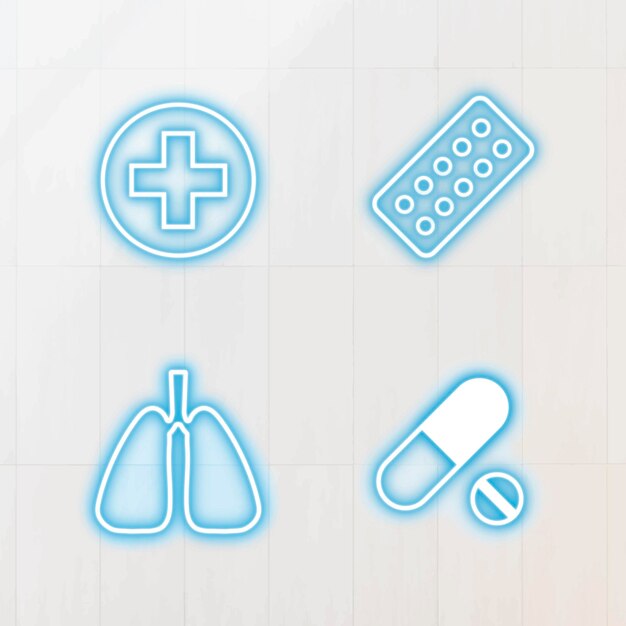 Vector de conjunto de iconos de neón de suministro médico de coronavirus