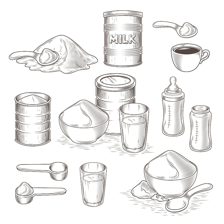 Vector gratuito vector conjunto de ilustración de dibujos animados de leche en polvo
