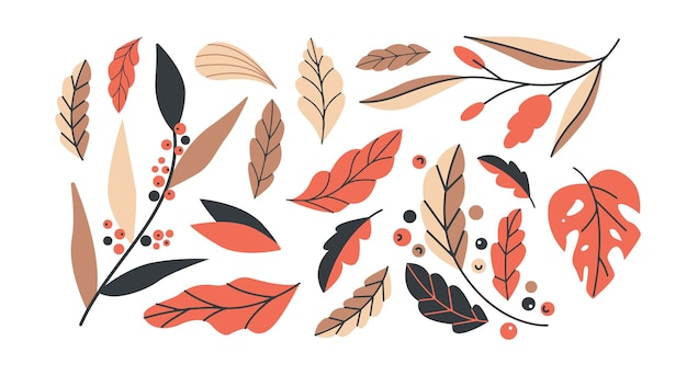 Vector conjunto de ilustraciones de plantas y hojas elementos de doodle simples en una paleta de colores limitada Vector Premium 