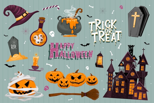 Vector conjunto de invitaciones de fiesta de Halloween o tarjetas de felicitación con caligrafía manuscrita y símbolos tradicionales.