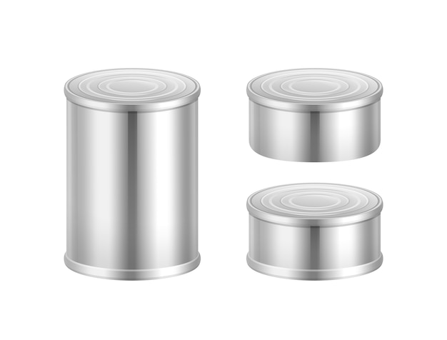 Vector conjunto de latas de acero grandes y pequeñas aisladas sobre fondo blanco