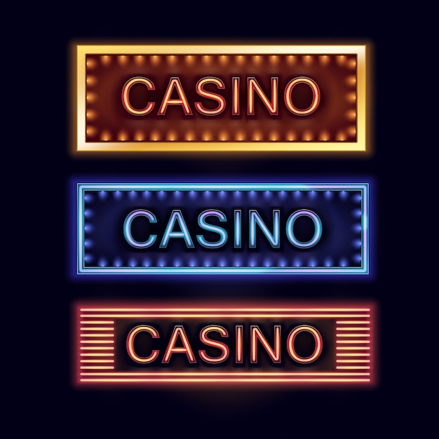 Vector conjunto de letreros de casino iluminados en amarillo, azul, naranja para carteles, folletos, vallas publicitarias, sitios web y clubes de juego aislados sobre fondo negro