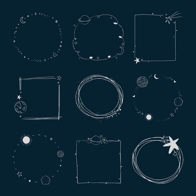 Vector de conjunto de marco de galaxia de arte de línea mínima