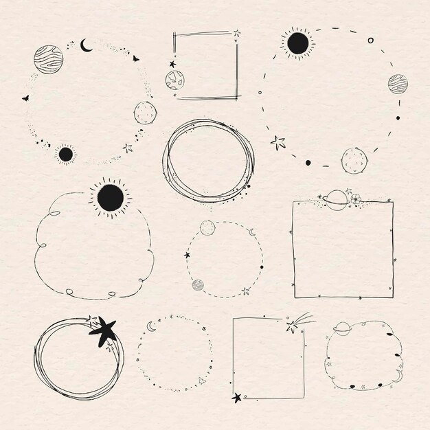 Vector de conjunto de marco de galaxia de arte de línea mínima