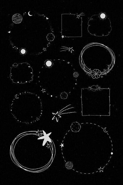 Vector de conjunto de marco de galaxia de arte de línea mínima