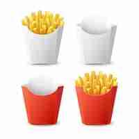 Vector gratuito vector conjunto de papas fritas empaquetadas con rojo, blanco, vacío, cartón, paquete, caja, aislado, fondo. comida rápida