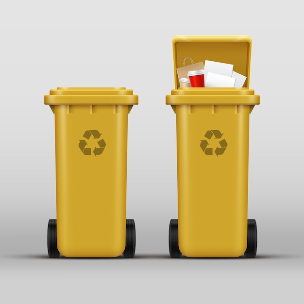 Vector conjunto de papeleras de reciclaje amarillas para clasificación de residuos de papel