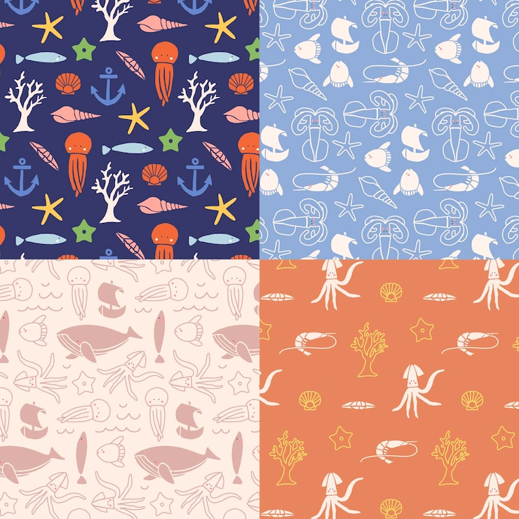 Vector gratuito vector conjunto de patrones sin fisuras de animales submarinos