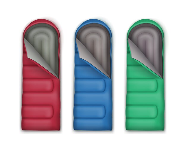 Vector conjunto de sacos de dormir rojos, verdes, azules aislado sobre fondo blanco.
