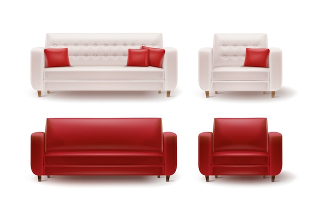 Vector gratuito vector conjunto de sillones rojos, blancos con sofás y cojines vista frontal aislado sobre fondo blanco.