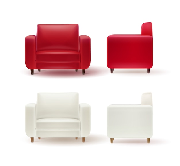 Vector gratuito vector conjunto de sillones rojos, blancos vista lateral y frontal aislado sobre fondo blanco