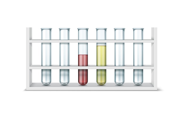 Vector conjunto de tubos de ensayo de laboratorio químico de vidrio transparente vacíos con líquido rojo, amarillo aislado sobre fondo blanco