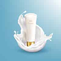 Vector gratuito vector el cosmético realista de la leche 3d en salpicar blanco aislado en fondo azul.