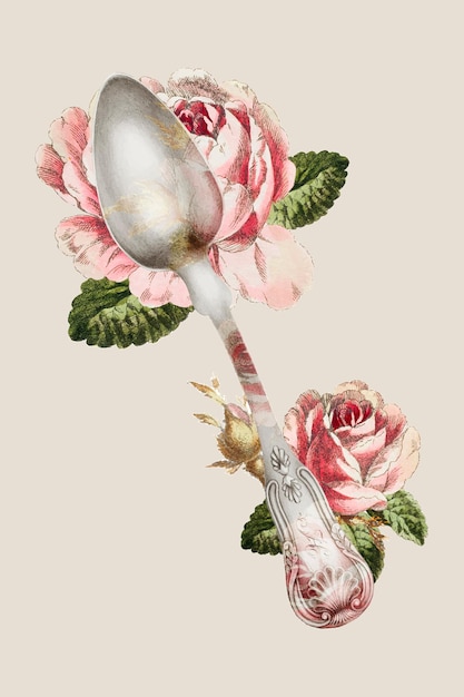Vector de cuchara de plata vintage con ilustración de flor, remezclado de la colección de dominio público