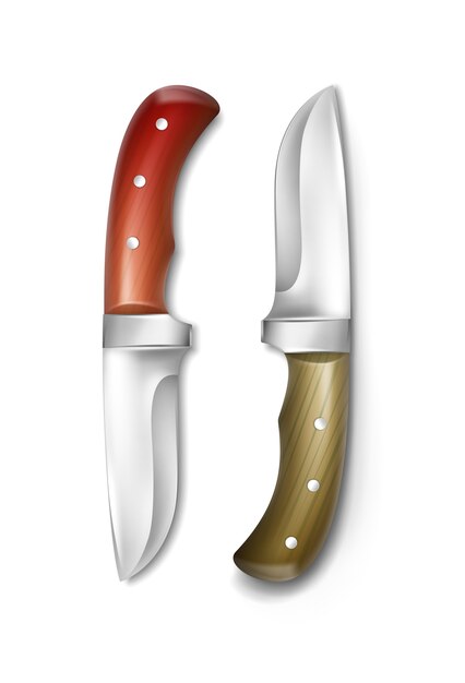 Vector de cuchillos de camping de hierro con vista superior de mangos de madera aislado sobre fondo blanco.
