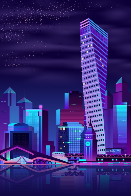 Vector de dibujos animados de ciudad moderna muelle noche paisaje