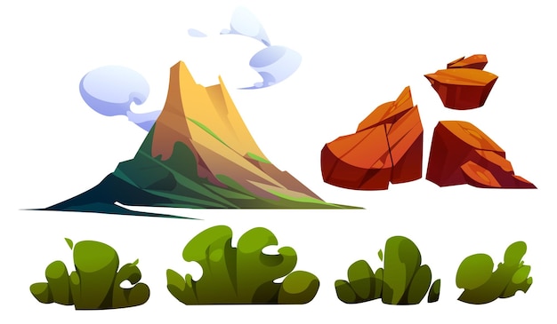 Vector de dibujos animados de erupción de volcán conjunto de montaña volcánica activa con humo y ceniza piedras marrones y arbustos verdes elementos de paisaje tropical prehistórico o isla hawaiana escena de explosión volcánica