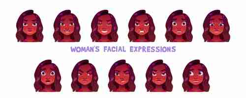 Vector gratuito vector de dibujos animados de expresión facial de mujer conjunto cara de joven afroamericana con diferentes emociones avatar femenino con apariencia neutral riendo y enojado avergonzado y sorprendido guiñando un ojo