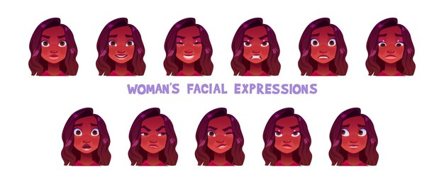Vector de dibujos animados de expresión facial de mujer conjunto cara de joven afroamericana con diferentes emociones Avatar femenino con apariencia neutral riendo y enojado avergonzado y sorprendido guiñando un ojo
