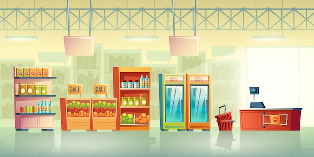 Vector de dibujos animados interior tienda de comestibles sala interior con cestas de compras cerca de mostrador de efectivo