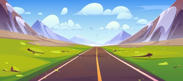 Vector gratuito vector de dibujos animados de paisaje de vista de carretera y montaña