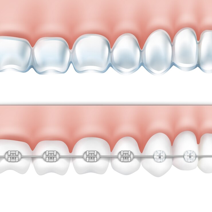 Vector gratuito vector de dientes humanos con aparatos de metal y vista lateral de la bandeja blanqueadora aislada sobre fondo blanco