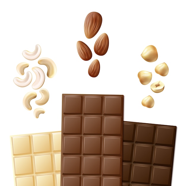 Vector gratuito vector diferentes barras de chocolate blanco, leche y amargo con anacardos, almendras, avellanas vista frontal aislado sobre fondo blanco.