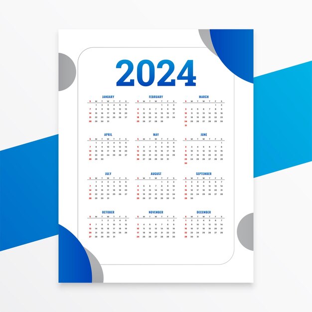vector de diseño de calendario de calendario de año nuevo blanco y azul 2024