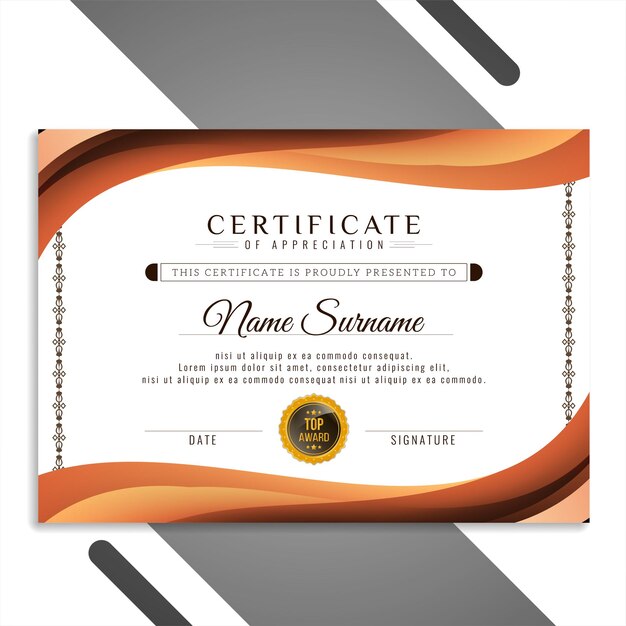 Vector de diseño de certificado hermoso de onda marrón que fluye