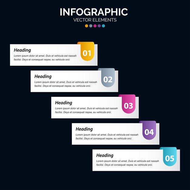 El vector de diseño infográfico de 5 pasos y el marketing se pueden utilizar para el diseño del flujo de trabajo Ilustración vectorial