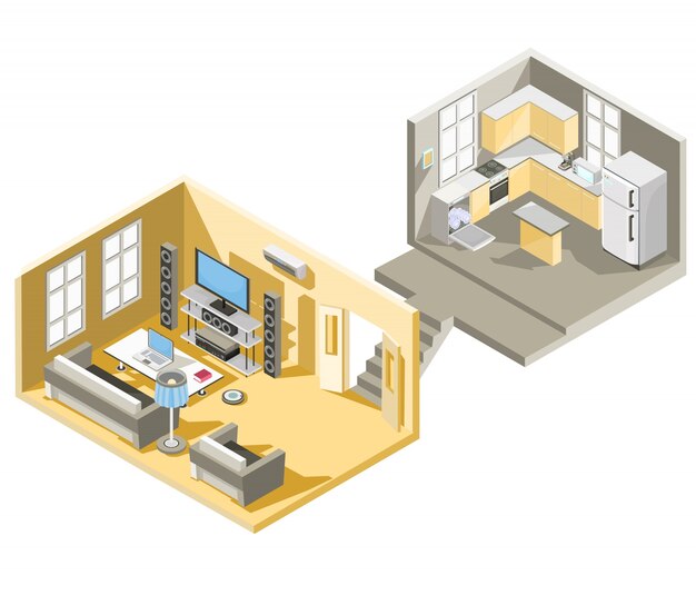 Vector diseño isométrico de una sala de estar y cocina