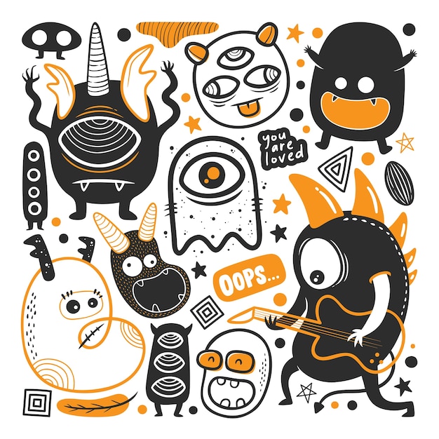 Vector de Doodle dibujado a mano divertido monstruo