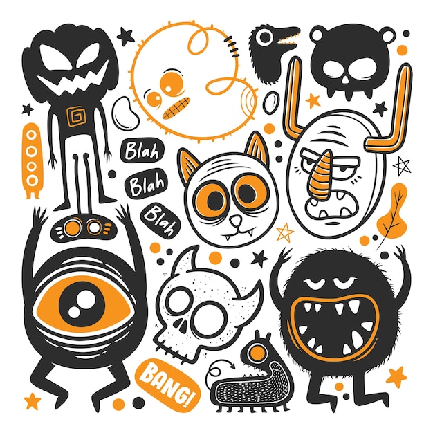 Vector de Doodle dibujado a mano divertido monstruo