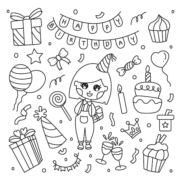 Vector de doodle dibujado a mano de fiesta de cumpleaños