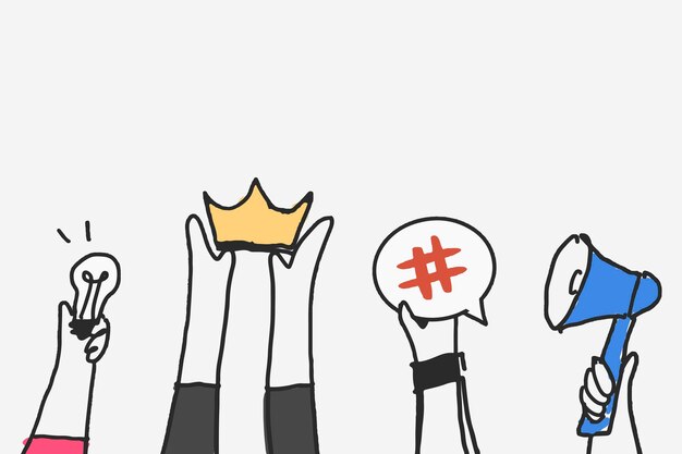 Vector de doodle de redes sociales, concepto de marketing de contenidos