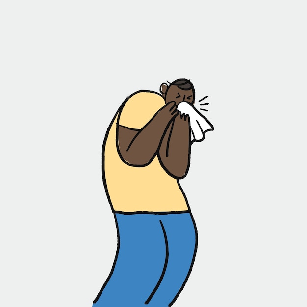 Vector de doodle de salud dibujado a mano, personaje de hombre estornudando