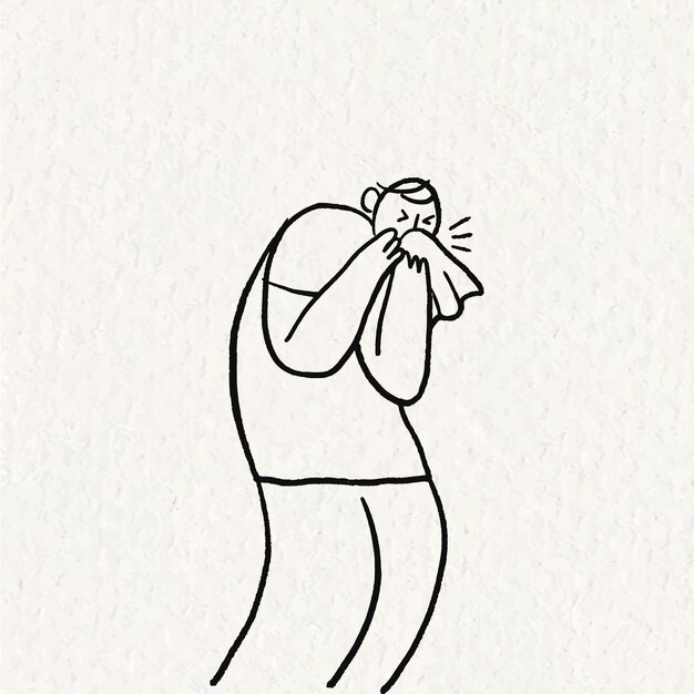 Vector de doodle de salud dibujado a mano, personaje de hombre estornudando