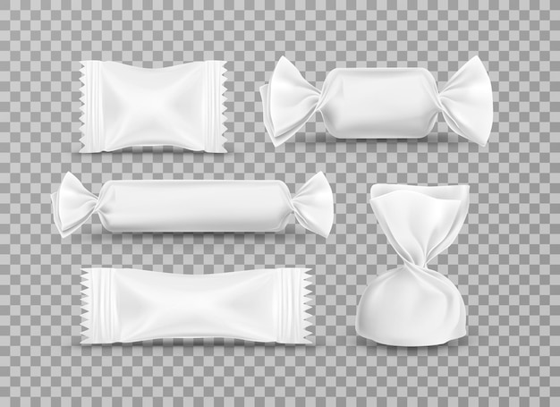 Vector gratuito vector de envoltorios de papel de caramelo realista para el diseño de anuncios de marca sobre fondo transparente. conjunto de ilustraciones de envases de plástico blanco brillante para la producción de caramelos, chocolate, trufa y bolsitas de dulces.