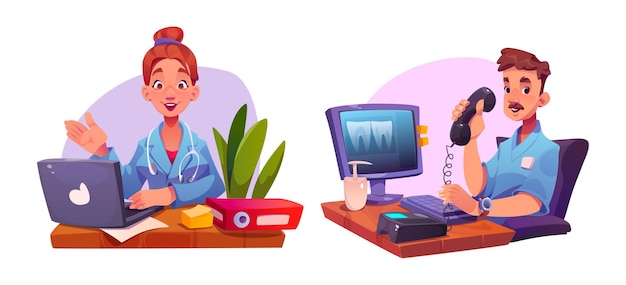 Vector de escritorio de computadora del médico en la oficina del hospital