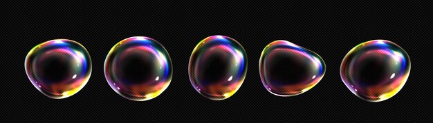 Vector de espuma de espectro de vidrio fluido iridiscente 3d Burbuja de jabón transparente realista con textura de luz de arco iris de neón de ensueño Icono de objeto de golpe abstracto de champú o polvo Esfera de aire de detergente jabonoso claro