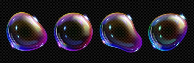 Vector de espuma de espectro de vidrio fluido iridiscente 3d Burbuja de jabón transparente realista con textura de luz de arco iris de neón de ensueño Icono de objeto de golpe abstracto de champú o polvo Esfera de aire de detergente jabonoso claro
