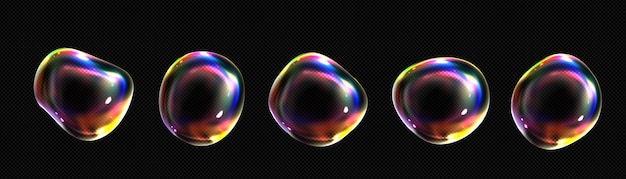 Vector de espuma de espectro de vidrio fluido iridiscente 3d Burbuja de jabón transparente realista con textura de luz de arco iris de neón de ensueño Icono de objeto de golpe abstracto de champú o polvo Esfera de aire de detergente jabonoso claro