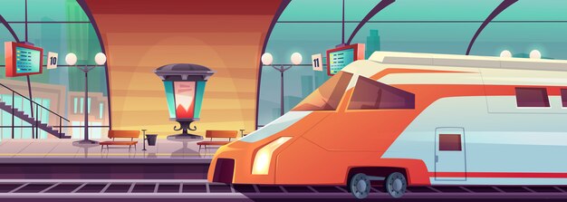 Vector de la estación de tren con tren y plataforma