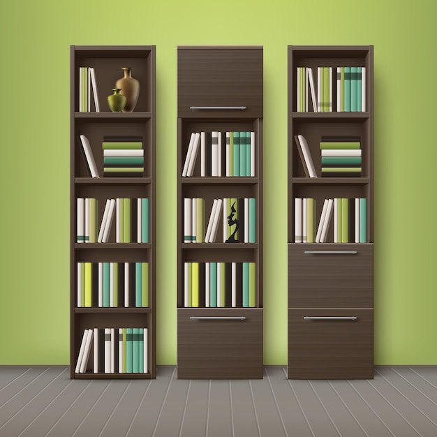 Vector estanterías de madera marrón, llenas de diferentes libros y decoraciones, de pie en el piso con fondo de pared verde oliva