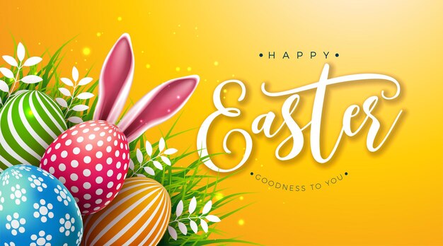 Vector feliz ilustración de Pascua con huevos pintados de colores y orejas de conejo sobre fondo amarillo