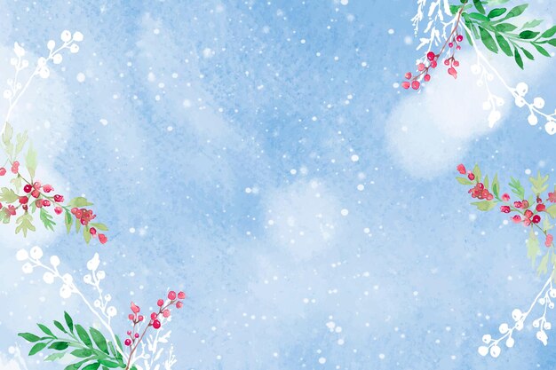 Vector floral de fondo de borde navideño en azul con un hermoso winterberry rojo