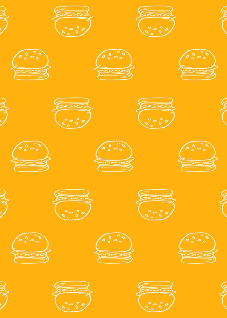 Vector gratuito vector de fondo amarillo estampado sin costuras de hamburguesa doodle